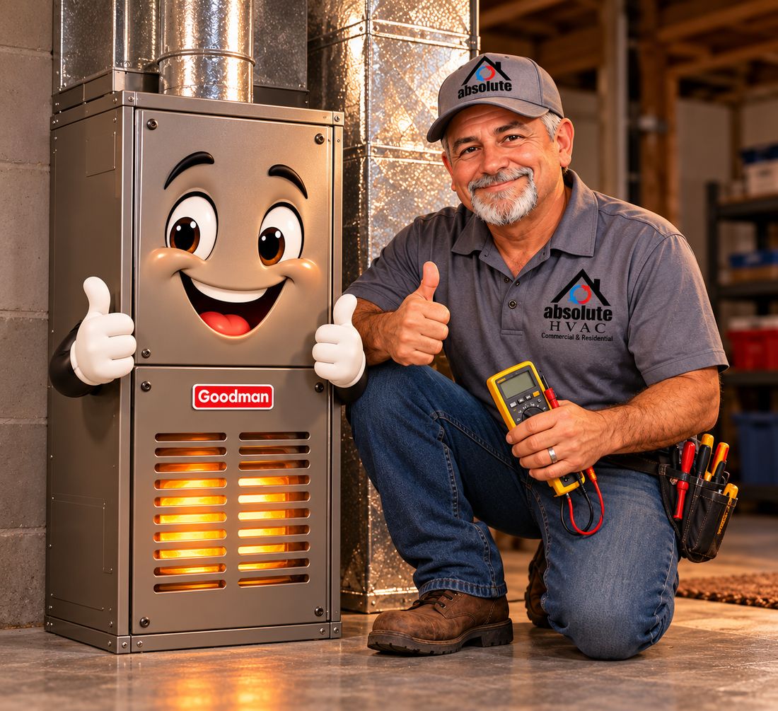 Absolute HVAC technician giving a thumbs up next to a Goodman furnace